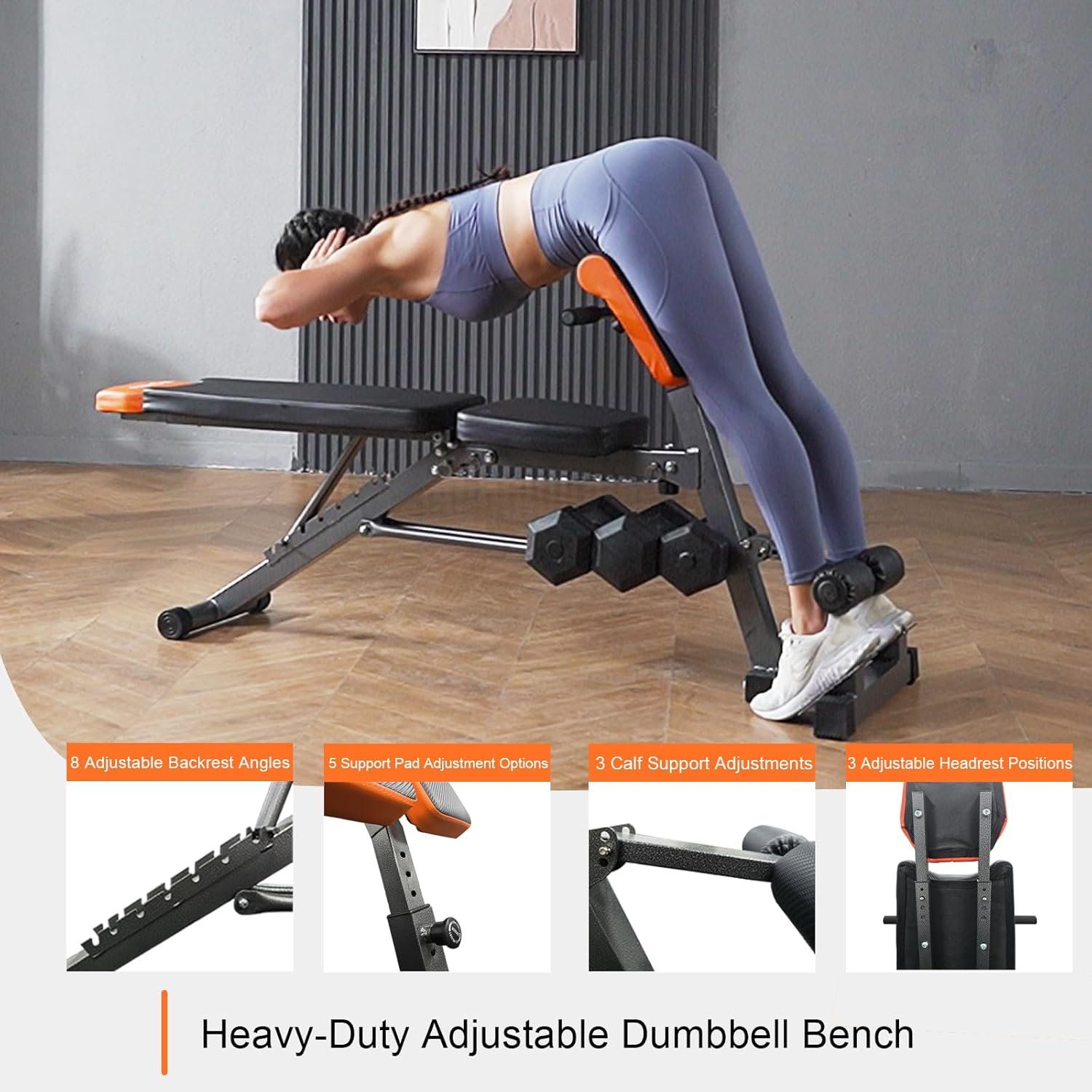 Adjustable Weight Bench 1000LBS– Multi-Functional Full Body Workout Equipment: Hyperextension, Roman Chair, Sit-Up Bench, Incline & Decline Bench, Flat Bench For Home Gym(Black and Orange) - Image 2